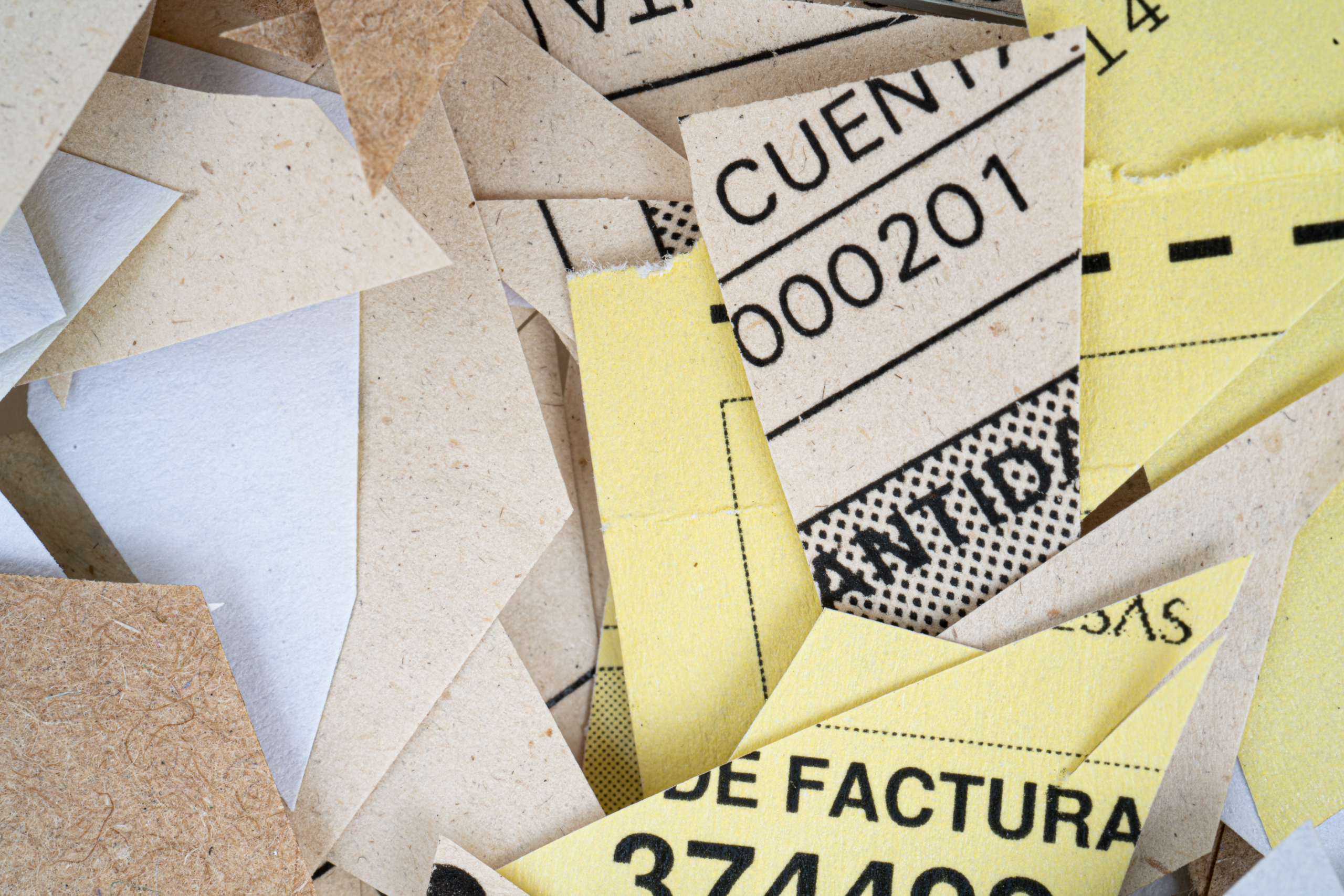 service-1 A pile of mixed torn paper pieces with visible text and numbers in close-up view.